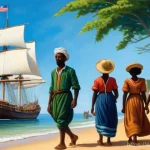 Home 18 라이베리아의 독립과 미국과의 관계 - **Prompt 1: The Arrival of Hope on Liberian Shores**
A realistic, historical painting style imag...
