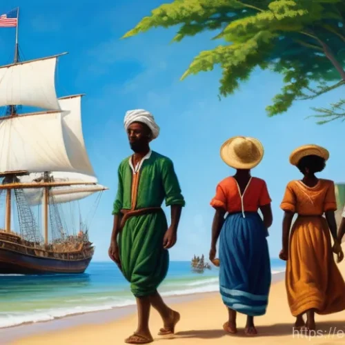 Home 30 라이베리아의 독립과 미국과의 관계 - **Prompt 1: The Arrival of Hope on Liberian Shores**
A realistic, historical painting style imag...