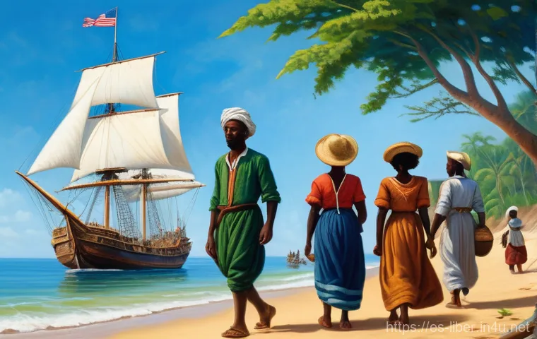 라이베리아의 독립과 미국과의 관계 - **Prompt 1: The Arrival of Hope on Liberian Shores**
    A realistic, historical painting style imag...