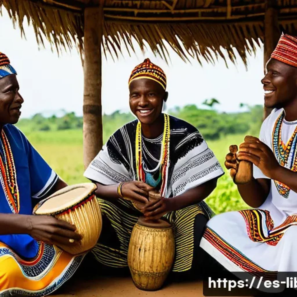 라이베리아 음악과 춤 - A vibrant traditional Liberian ceremony in a rural village setting during daytime, featuring a group...