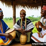 Home 15 라이베리아 음악과 춤 - A vibrant traditional Liberian ceremony in a rural village setting during daytime, featuring a group...