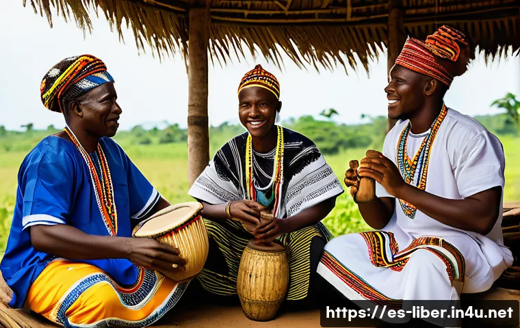 라이베리아 음악과 춤 - A vibrant traditional Liberian ceremony in a rural village setting during daytime, featuring a group...
