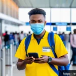 Home 20 라이베리아에서 여행자 보험 가입 필수 여부 - A professional traveler at an airport immigration checkpoint in Liberia, showing a valid passport an...