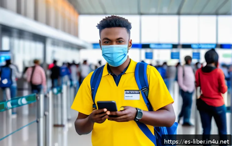 라이베리아에서 여행자 보험 가입 필수 여부 - A professional traveler at an airport immigration checkpoint in Liberia, showing a valid passport an...