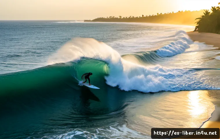Home 17 라이베리아의 해변과 서핑 명소 - Photorealistic wide coastal scene at Robertsport, Liberia, a skilled surfer riding a clean tropical ...