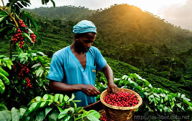 라이베리아 커피와 카카오 산업 - Photorealistic wide view of a Liberian coffee farm at sunrise, ripe red coffee cherries growing on l...