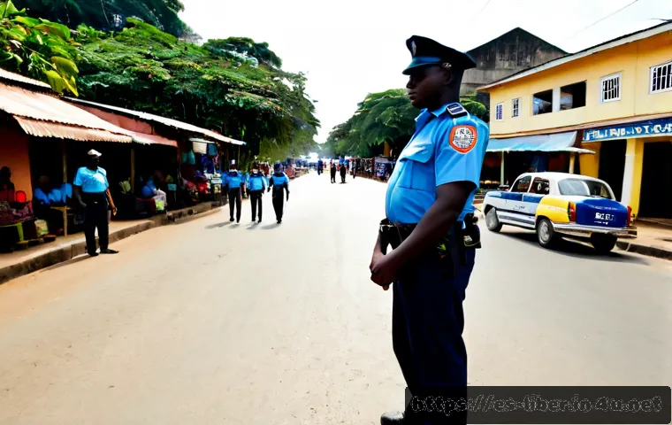 라이베리아의 정치적 안정성과 치안 상황 - Photorealistic wide-angle street scene in Monrovia, Liberia, showing calm daily life and public safe...